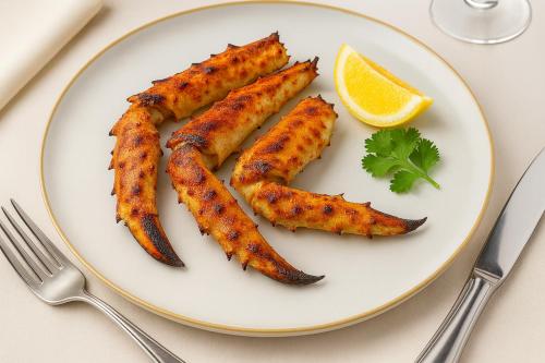 a plate of food with fish sticks and a lemon at The Elysian Boutique Stays - Havelock in Havelock Island