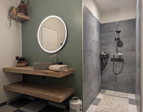a bathroom with a sink and a mirror at Maison à la campagne 14 couchages - Jardin - Bain nordique 