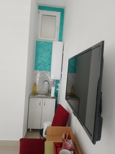 a living room with a large flat screen tv on a wall at Apartman Katy in Sremska Mitrovica