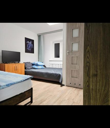 a bedroom with a bed and a sliding door at Lipowa Guest House in Bielawa