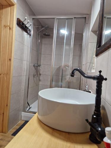 a bath tub on a counter in a bathroom at Dom w Zaciszu Drzew Szkotowo in Szkotowo