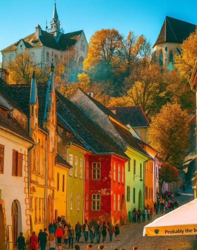 a painting of a group of people walking down a street at Joseph Hayn Apartments in Sighişoara
