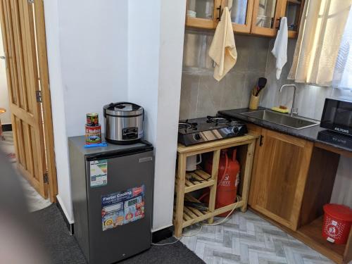 a small kitchen with a stove and a sink at Freetime zone in Dar es Salaam