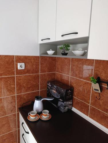 a kitchen with two cups on a counter at Rina apartman in Vlasenica