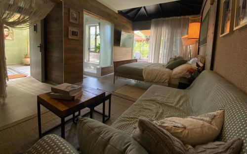 a living room with a couch and a bed at Villa Del'arte in ‘En Hod