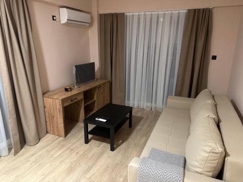 a living room with a white couch and a television at NIKA The architect DIAMOND OF GEVGELIA in Gevgelija