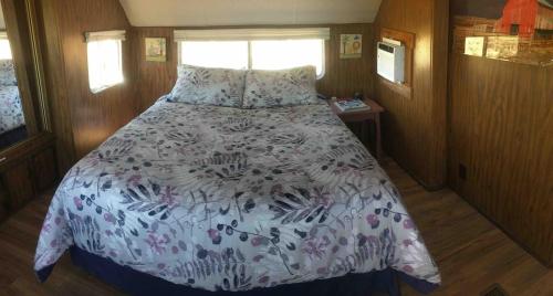 a bedroom with a bed with a floral comforter at Stargazer, AC, Heat, Free firewood, ice cream, bottled water and smores in Williams