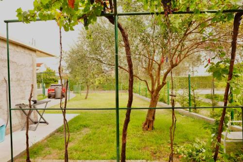 a window view of a yard with a tree at Cozy Detached Home 7 Guests in Podgorica