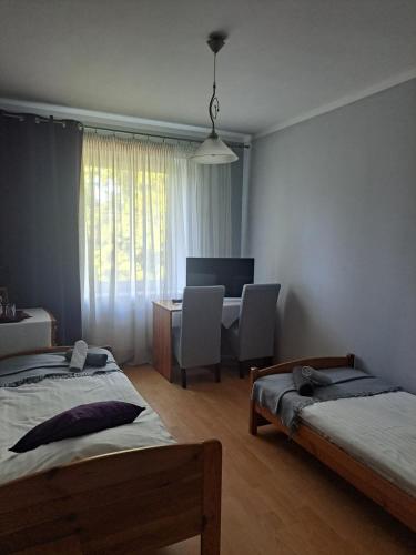 ein Schlafzimmer mit zwei Betten, einem Schreibtisch und einem Tisch in der Unterkunft Restauracja - Hotel Nova in Skępe