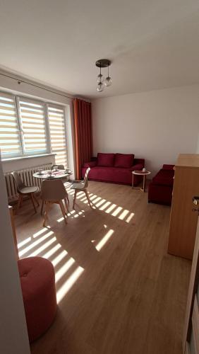 a living room with a red couch and a table at Cozy Duo in Zduńska Wola