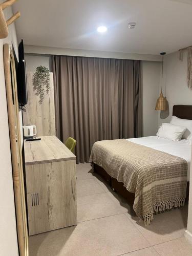 a hotel room with a bed and a television at מלון המושבה כפר תבור in Kefar Tavor