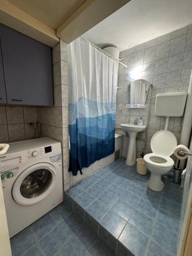 a bathroom with a washing machine and a toilet at Klina Apartment in Skopje