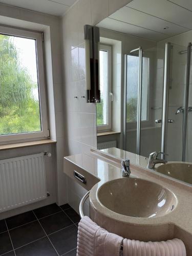 a bathroom with a sink and a large mirror at ChesaMia Hotel u Appartment in Römerberg