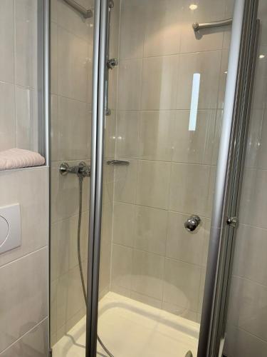 a shower stall with a glass door with a shower at ChesaMia Hotel u Appartment in Römerberg
