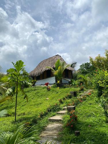 a small house with a grass roof on a field at Eco Hotel Amanecer Tayrona in El Zaino