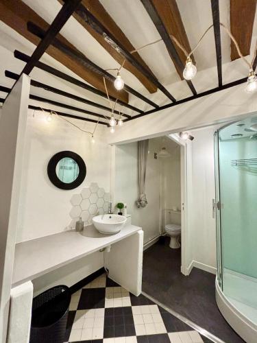 a bathroom with a sink and a glass shower at Logement proche Zoo de Beauval in Écueillé