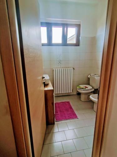 a bathroom with a toilet and a pink rug at Casina del Sole in Bollate