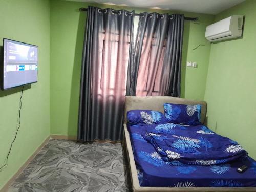 a room with a couch and a tv and a window at 423 Apartments in Ibadan