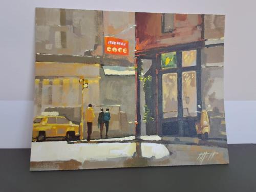 a painting of two people walking on a street at Royal Suite l'attico nel cuore di Varese in Varese