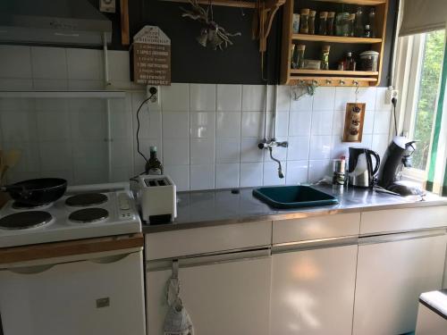 eine kleine Küche mit Herd und Spüle in der Unterkunft Leentjes plek in Hoogersmilde