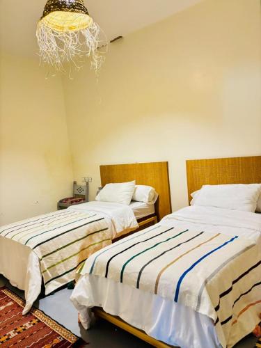 two beds sitting next to each other in a bedroom at Sunrise Camp in Mirleft