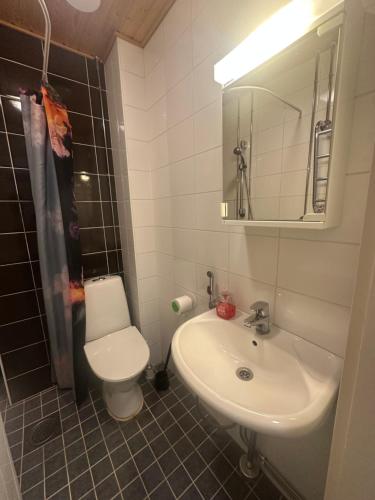 a bathroom with a sink and a toilet and a mirror at Prime CityNest in Helsinki