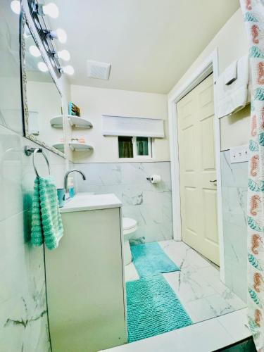 a bathroom with a sink and a shower at 1 Bedroom Mini Apartment 10 Minutes to SeaTac Airport 1 Minute Walk to Bus Station in Seattle