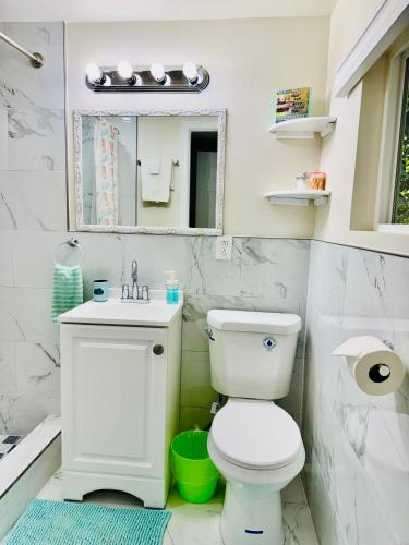 a white bathroom with a toilet and a sink at 1 Bedroom Mini Apartment 10 Minutes to SeaTac Airport 1 Minute Walk to Bus Station in Seattle