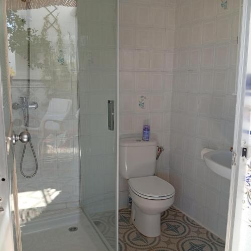 a bathroom with a toilet and a glass shower at Habitación en Casa Dulce Romero in Rute
