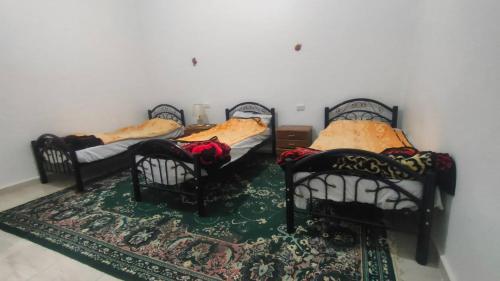 three twin beds in a room with a rug at Idris home in Wadi Musa