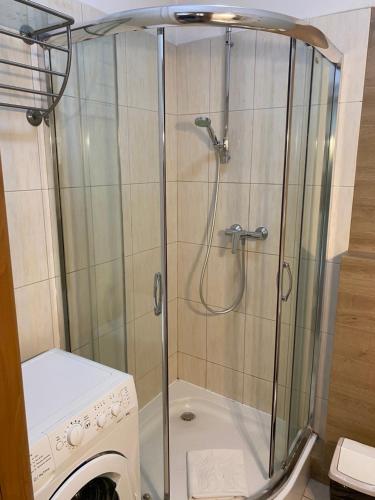 Una ducha con puerta de cristal al lado de una lavadora. en Sleepy3city Slaska 31, en Gdynia