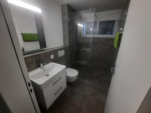 a bathroom with a white sink and a toilet at Zimmer 1, Haus der Begegnung in Goldingen