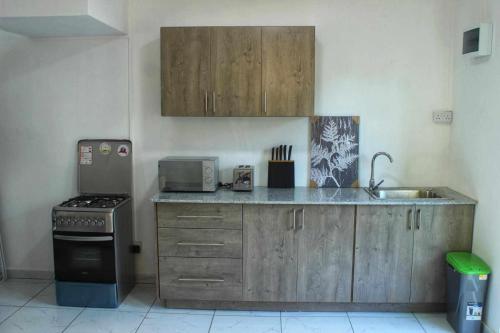 a kitchen with wooden cabinets and a sink and a stove at Villa la Joie 2 bedrooms Apartment in Goodlands