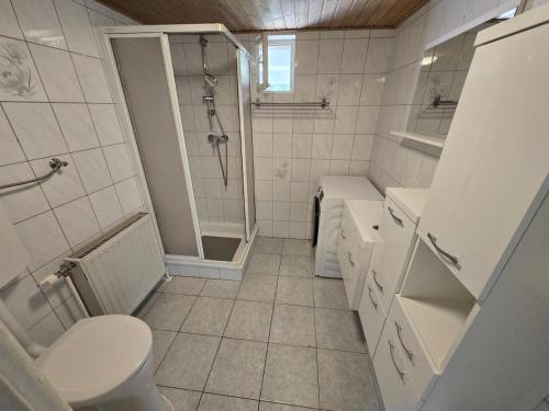 a white bathroom with a shower and a toilet at House with garden near Vienna & airport 