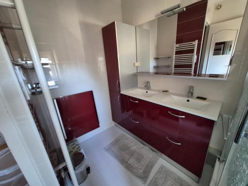 a bathroom with a sink and a red cabinet at Maison cozy dans les Volcans in Sayat