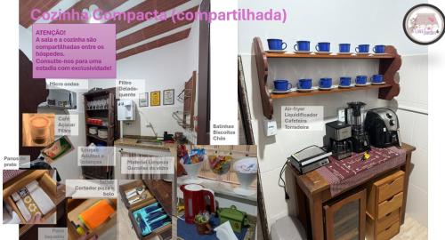 a collage of photos of a kitchen with items on display at Casa Jardim 2 in Miguel Pereira
