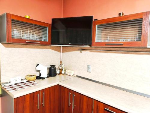 a kitchen with wooden cabinets and a counter top at Guest rooms Troyana in Troyan