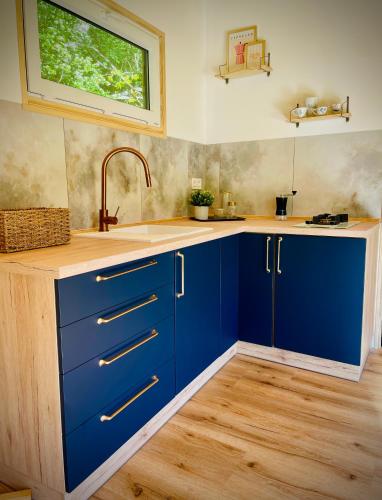 a kitchen with blue cabinets and a sink at Krušnoglamp - Tinyhouse u Řeky in Sadov