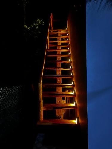 a staircase with lights on the side of a building at Finca Aisa -Boutique bungalows in Ometepe island in Santa Cruz