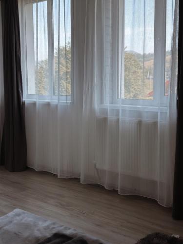 a room with two windows with white curtains at Go Карпати in Verkhovyna