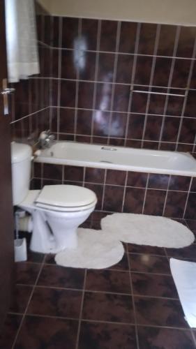 a bathroom with a toilet and a bath tub at Hamba Kancane Ma-Africa Guest House in Graskop
