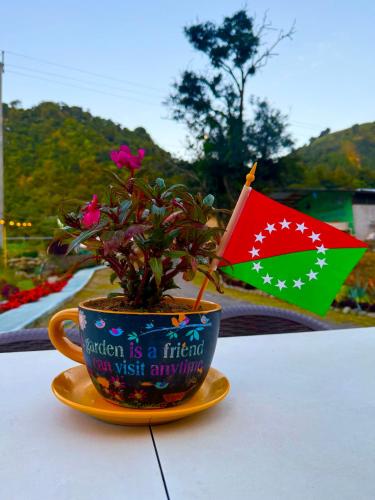 a cup with a flag and a plant on a table at Bambito´s Café & Hostel in Cerro Punta