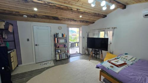 a living room with a bed and a television at Spring Day Guesthouse in Daejeon