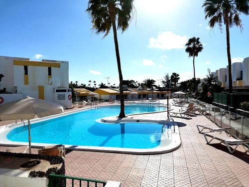 a large swimming pool with chairs and palm trees at Vega Maspalomas in San Bartolomé de Tirajana