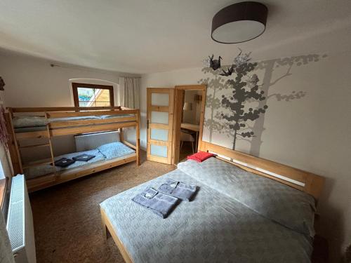 ein Schlafzimmer mit zwei Betten und einem Spiegel in der Unterkunft Apartman Vejminek in Abertamy