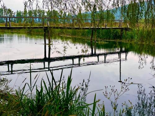 a bridge over a body of water with grass at Filuma Suite with private terrace and balcony PANORAMIC GACKA VIEW in Otočac