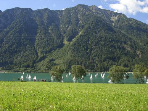 a large body of water with trees and boats in it at Haus Zillertal am Achensee in Maurach