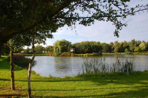 a view of a lake with a house in the distance at Castleton Static lodge on Wold View Fisheries Leisure Park in Usselby