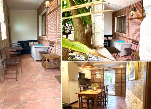 a collage of photos of a house with tables and chairs at Chambre (salle de bain privée), piscine, jardin, parking in Anglet