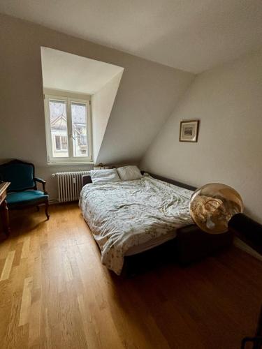 チューリッヒにあるCosy room in attic flat in the center of Zurichのベッドと椅子のある寝室